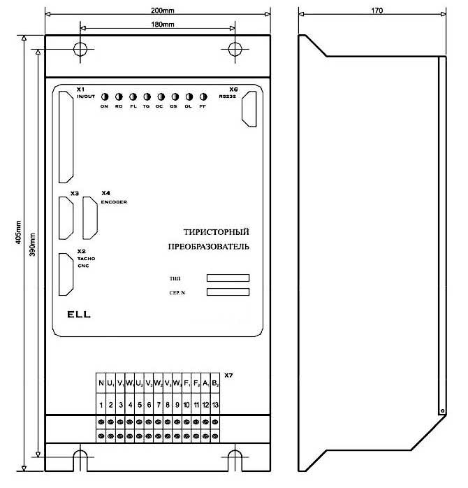 Габаритная схема цифрового тиристорного преобразователя ELL 12040/400