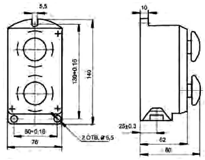 Пост управления кнопочный ПКЕ-222-2 У3 - габаритная схема