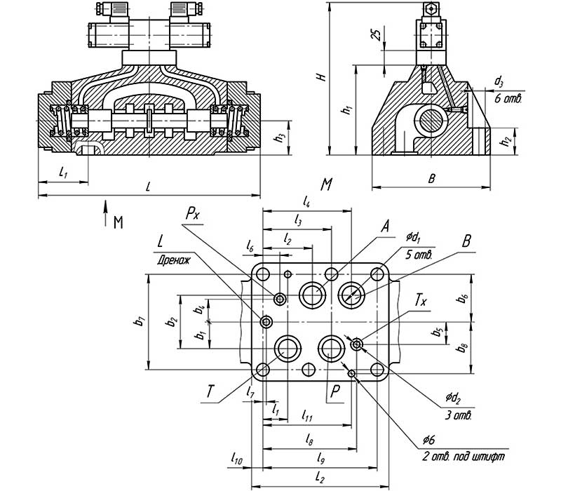 Габаритная схема гидрораспределителя 1P323