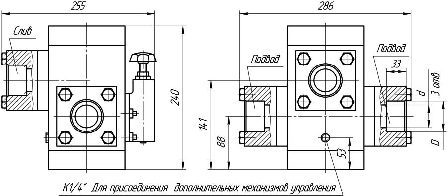 Конструктивная схема гидроклапана М-КП-М-50-32 фланцевый монтаж