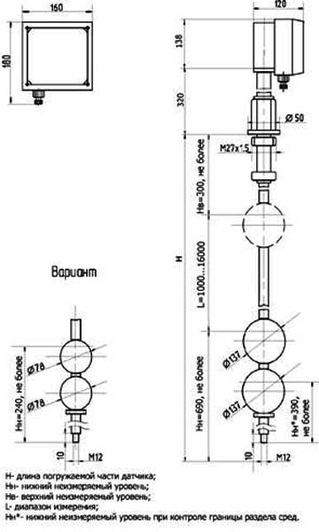 Габаритные и присоединительные размеры преобразователя (ПП) для измерения уровня двух несмешивающихся жидких сред
