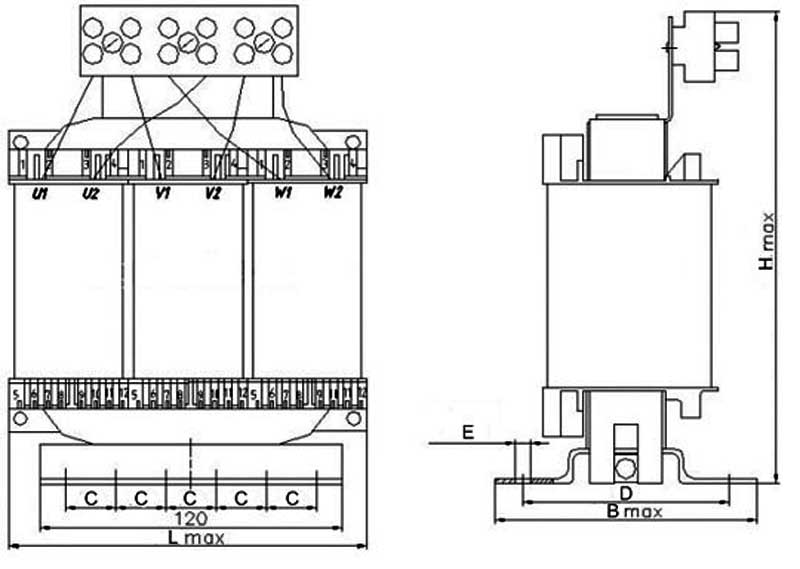 Габаритная схема трехфазного дросселя ДРС-0.11/140