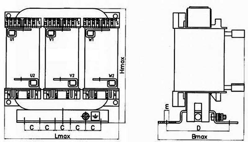 Габаритная схема трехфазного дросселя ДРТ-15