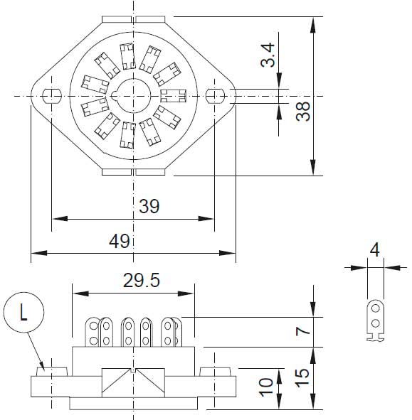 Габаритная схема розетки Releco S3-L для С3 реле